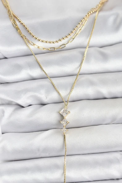 Pirinç Gold Renk Zirkon Taş Detaylı 3'lü Kombin Y Kadın Kolye - EBJ251115W38424 ürün görseli