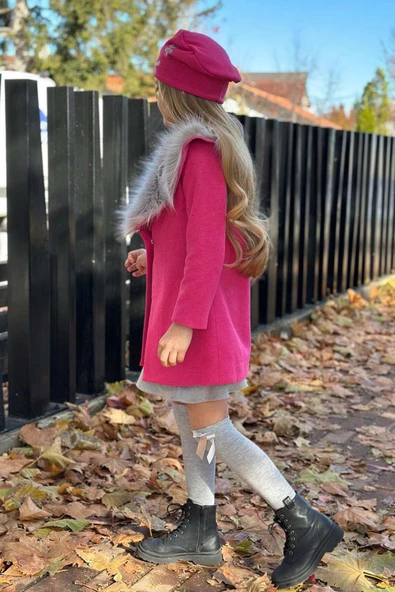 Kız Çocuk Yakası Kürk ve Yonca Detaylı Etekli Fuşya Kaşe - Resim 5