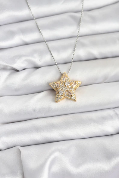 Zincir Gümüş Renk Zincirli Gold Yıldız Model Kadın Kolye - EBJ251115W38412 ürün görseli