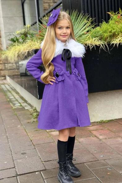 Kız Çocuk Kürk Yakalı Önü Çiçek Ve Elmas Taş Detaylı Mor Kaşe - Resim 3