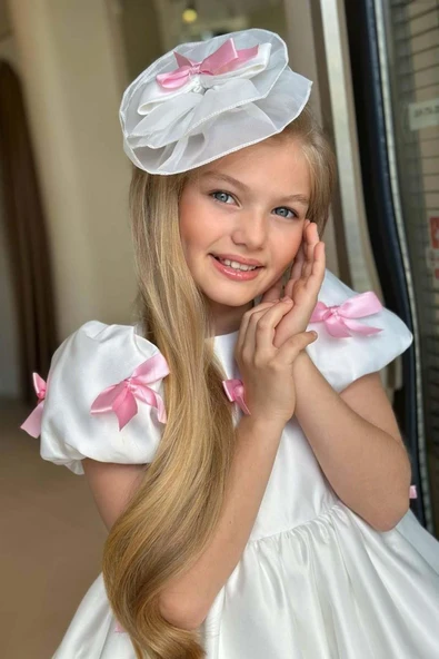 Kız Çocuk Balon Kollu Üzeri Pembe Kurdela Detaylı İçi Astarlı Saten Abiye - Resim 3