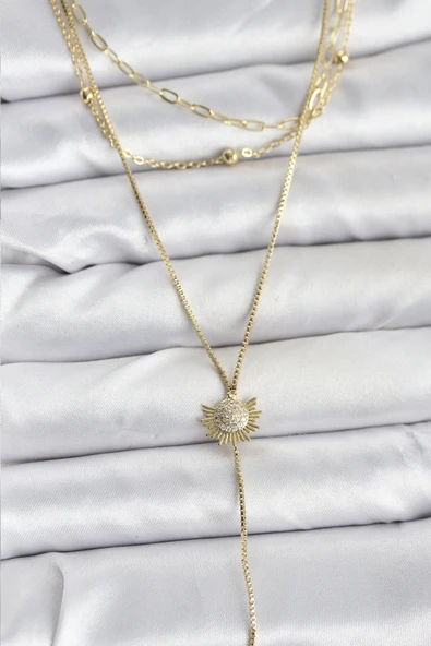 Pirinç Gold Renk Zirkon Taşlı Güneş Model Detaylı 3'lü Kombin Y Kadın Kolye - EBJ251115W38431 ürün görseli