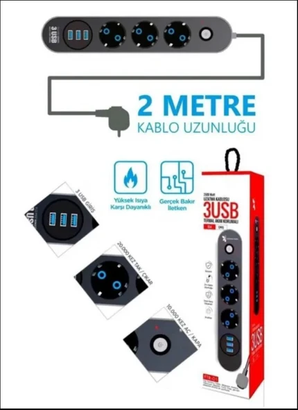 Blic Ftr-01 3 Usb 3 Priz Girişli Termal Akım Korumalı Priz ürün görseli