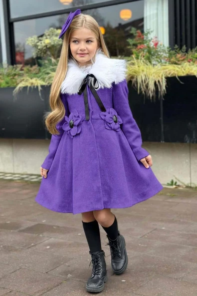 Kız Çocuk Kürk Yakalı Önü Çiçek Ve Elmas Taş Detaylı Mor Kaşe - Resim 4