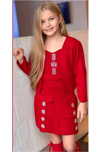 Kız Çocuk Askılı Bluz Hırka ve Elmas Taş İşlemeli Cepli Bordo Triko Etekli Takım - Resim 5