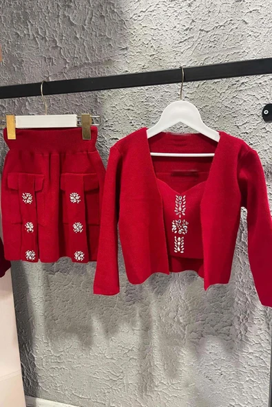 Kız Çocuk Askılı Bluz Hırka ve Elmas Taş İşlemeli Cepli Bordo Triko Etekli Takım - Resim 7