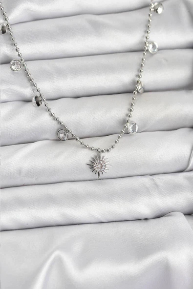 Zirkon Taşlı Kutup Yıldızı Model Pirinç Gümüş Renk Kadın Kolye - EBJ251115W38388 ürün görseli