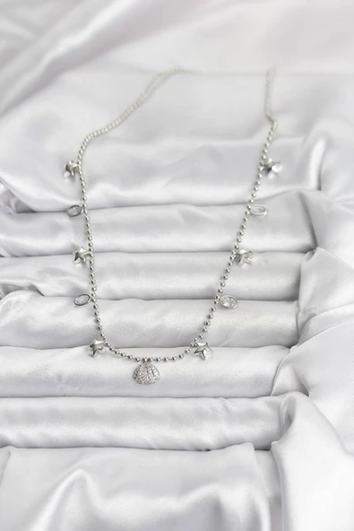 Pirinç Gümüş Renk Zirkon Taşlı Deniz Kabuğu Model Kadın Kolye - EBJ251115W38386 - Resim 2