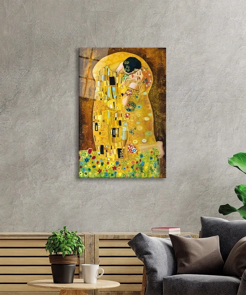 Gustav Klimt Öpücük Cam Tablo, Ev ve Ofis Duvar Dekoru, Hediyelik Büyük Temperli 4 mm Cam Tablo - Resim 2