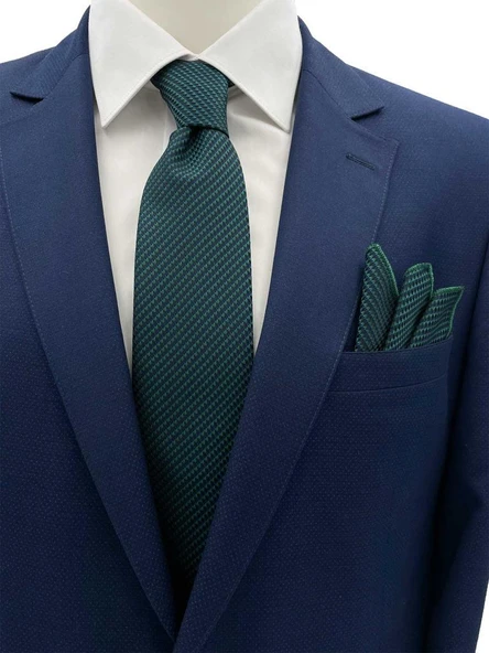 Brianze 7 Cm Lacivert Yeşil Desenli Kravat Mendil Set ürün görseli 1