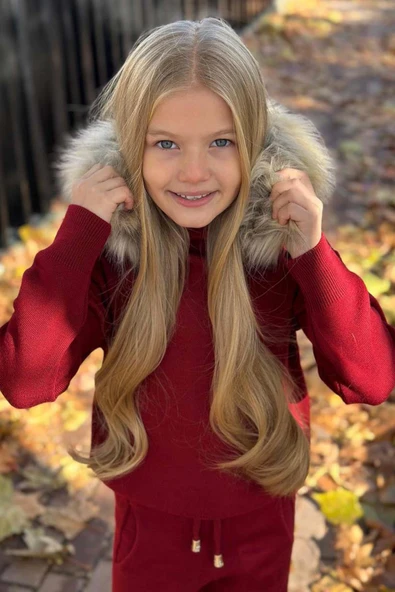 Kız Çocuk Yakası Çıkarılabilir Kürklü Kazak Çift Cepli Triko Bordo Alt Üst Takım - Resim 5