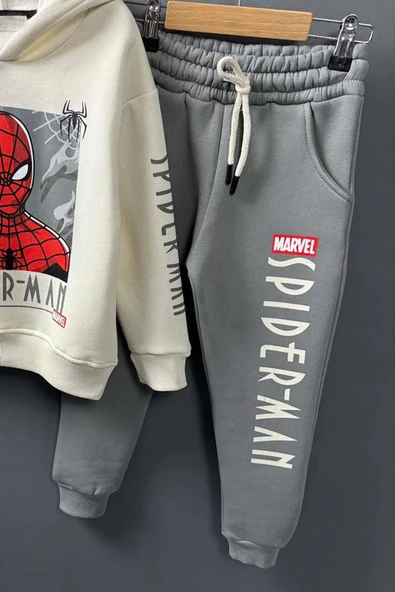 Erkek Çocuk Örümcek Adam Digital Baskılı Kapşonlu Sweat Gri Eşofman Takım - Resim 4