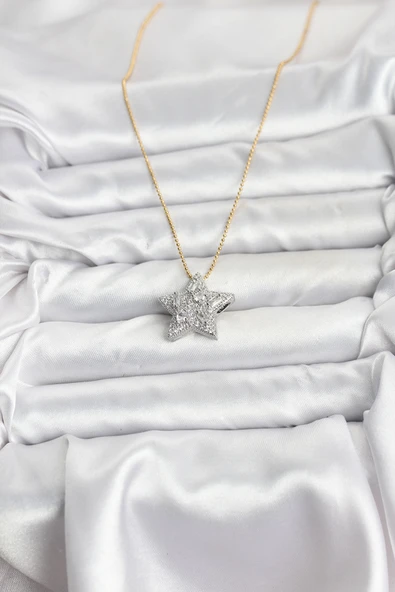 Zincir Gold Renk Zincirli Gümüş Yıldız Model Kadın Kolye - EBJ251115W38413 - Resim 2