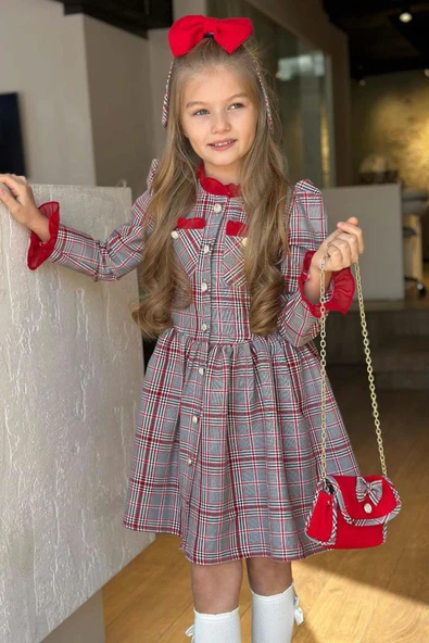 Kız Çocuk Yakası ve Kolları Fırfırlı Üzeri Boydan Düğme ve Ekose Detaylı Kırmızı Elbise - Resim 6