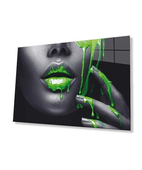 Yeşil Dudaklı  Kadın Cam Tablo - Resim 5