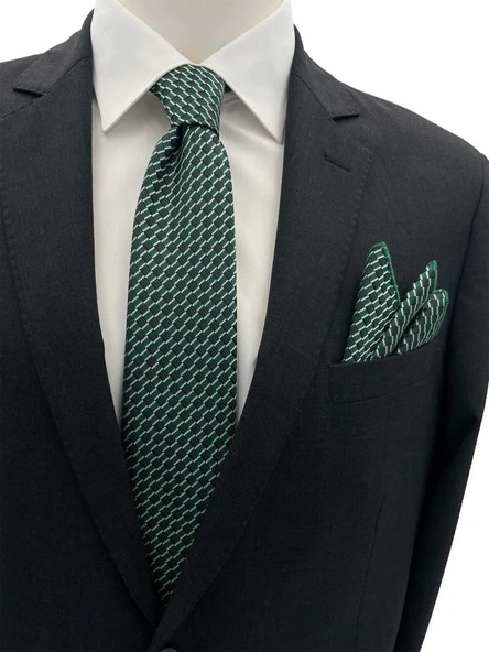 Brianze 7 Cm Yeşil Siyah Beyaz Desenli Kravat Mendil Set ürün görseli