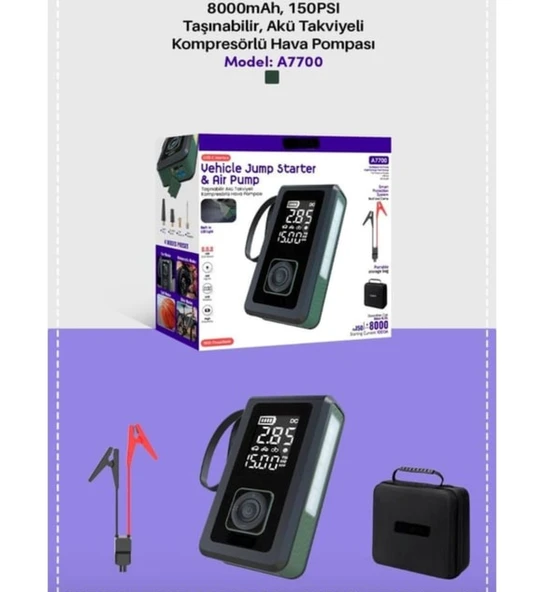 Çantalı 8000mAh 150 PSI Akü Takviyeli Oto Bisiklet Motosiklet Hava Kompresörü Lastik Şişirme Pompası ürün görseli