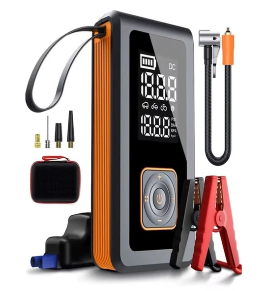 Çantalı 8000mAh 150 PSI Akü Takviyeli Oto Bisiklet Motosiklet Hava Kompresörü Lastik Şişirme Pompası - Resim 2