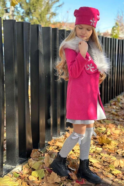 Kız Çocuk Yakası Kürk ve Yonca Detaylı Etekli Fuşya Kaşe - Resim 2