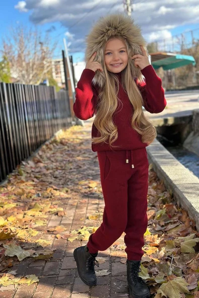 Kız Çocuk Yakası Çıkarılabilir Kürklü Kazak Çift Cepli Triko Bordo Alt Üst Takım - Resim 6