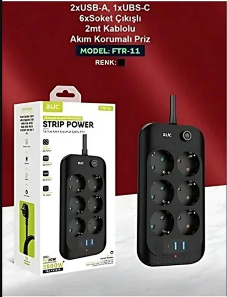 Blic Ftr-11 Termal Akım Korumalı 6 Priz 3 USB Girişli 2 Metre Uzatma Kablolu Priz ürün görseli