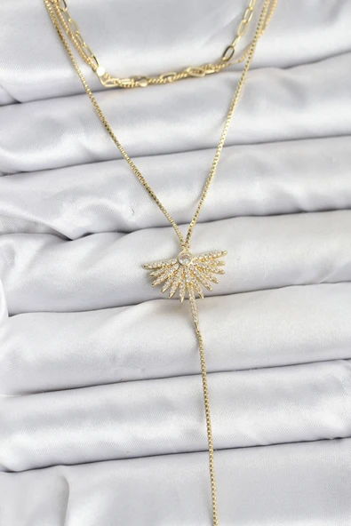 Pirinç Gold Renk Zirkon Taşlı Yelpaze Model Detaylı 3'lü Kombin Y Kadın Kolye - EBJ251115W38428 ürün görseli