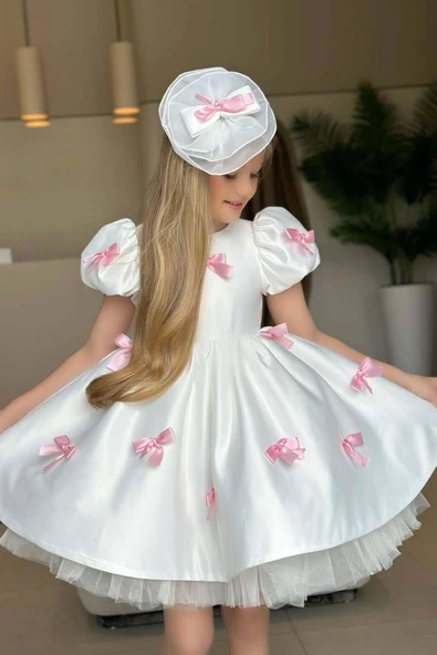 Kız Çocuk Balon Kollu Üzeri Pembe Kurdela Detaylı İçi Astarlı Saten Abiye ürün görseli