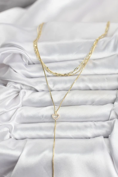 Pirinç Gold Renk Kalp Detaylı 3'lü Kombin Y Kadın Kolye - EBJ251115W38423 - Resim 2