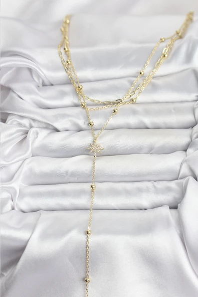 Pirinç Gold Renk Kutup Yıldızı Detaylı 3'lü Kombin Kadın Kolye - EBJ251115W38422 - Resim 2