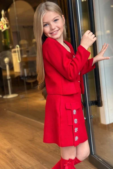 Kız Çocuk Askılı Bluz Hırka ve Elmas Taş İşlemeli Cepli Bordo Triko Etekli Takım - Resim 4