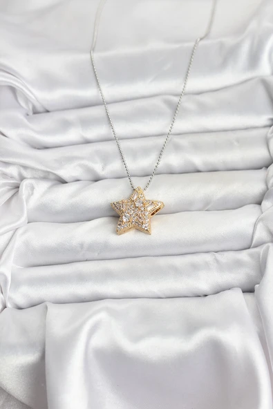 Zincir Gümüş Renk Zincirli Gold Yıldız Model Kadın Kolye - EBJ251115W38412 - Resim 2