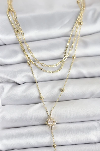 Pirinç Gold Renk Güneş Model Detaylı 3'lü Kombin Y Kadın Kolye - EBJ251115W38425 ürün görseli