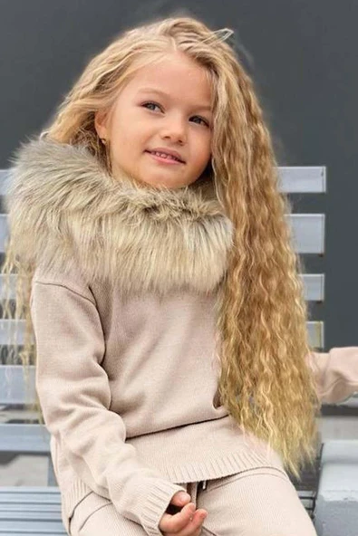 Kız Çocuk Yakası Çıkarılabilir Kürklü Kazak Çift Cepli Triko Ekru Alt Üst Takım - Resim 5