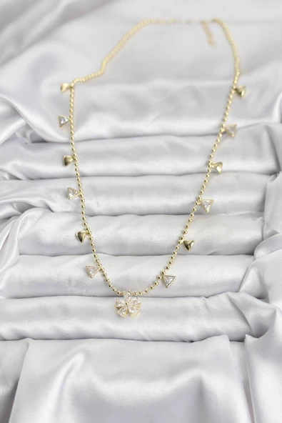 Pirinç Gold Renk Zirkon Taşlı Çiçek Model Kadın Kolye - EBJ251115W38372 - Resim 2