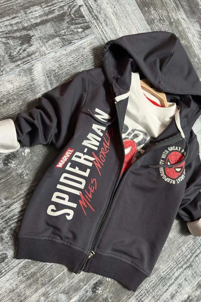 Erkek Çocuk Digital Ağ ve Yazı Baskılı Kapüşonlu Siyah Ceket Eşofman Takım - Resim 2