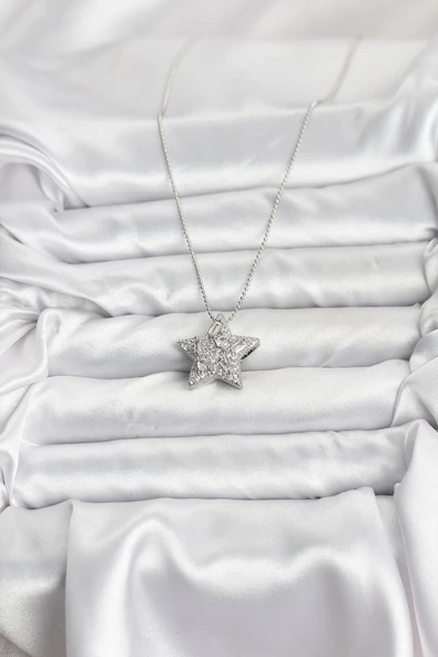 Zincir Gümüş Renk Zincirli Gümüş Yıldız Model Kadın Kolye - EBJ251115W38411 - Resim 2