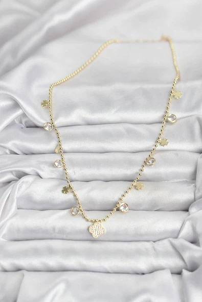 Pirinç Gold Renk Yonca Model Kadın Kolye - EBJ251115W38371 - Resim 2