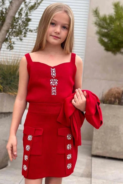 Kız Çocuk Askılı Bluz Hırka ve Elmas Taş İşlemeli Cepli Bordo Triko Etekli Takım - Resim 3