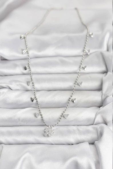 Pirinç Gümüş Renk Zirkon Taşlı Çiçek Model Kadın Kolye - EBJ251115W38382 - Resim 2