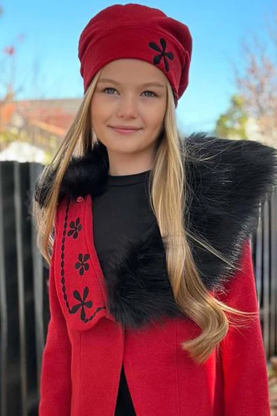 Kız Çocuk Yakası Kürk ve Yonca Detaylı Etekli Kırmızı Kaşe - Resim 6