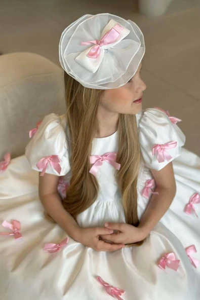 Kız Çocuk Balon Kollu Üzeri Pembe Kurdela Detaylı İçi Astarlı Saten Abiye - Resim 4