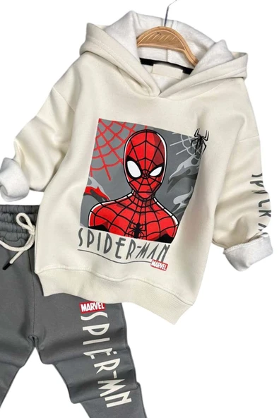 Erkek Çocuk Örümcek Adam Digital Baskılı Kapşonlu Sweat Gri Eşofman Takım - Resim 6