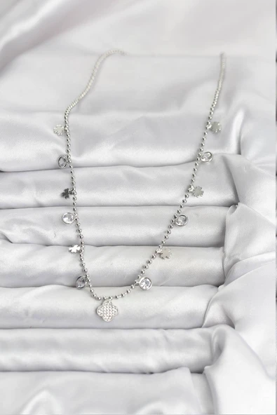 Pirinç Gümüş Renk Yonca Model Kadın Kolye - EBJ251115W38381 - Resim 2