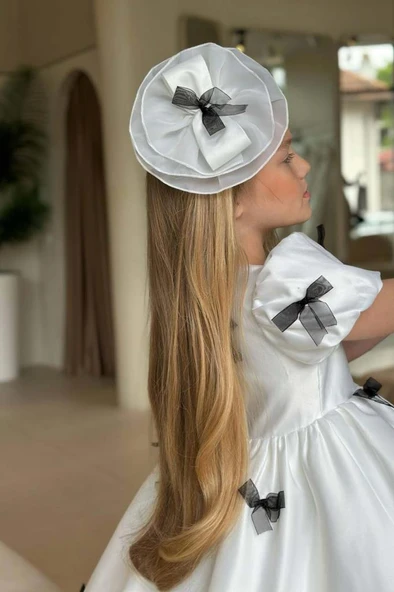 Kız Çocuk Balon Kollu Üzeri Siyah Kurdela Detaylı İçi Astarlı Saten Abiye - Resim 4