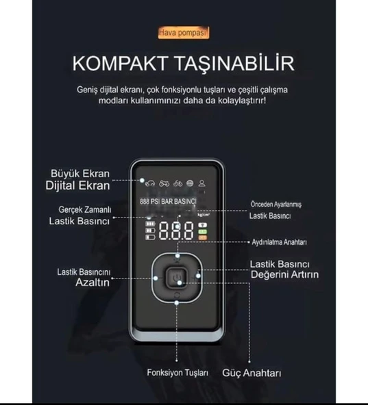 Çantalı 8000mAh 150 PSI Akü Takviyeli Oto Bisiklet Motosiklet Hava Kompresörü Lastik Şişirme Pompası - Resim 5