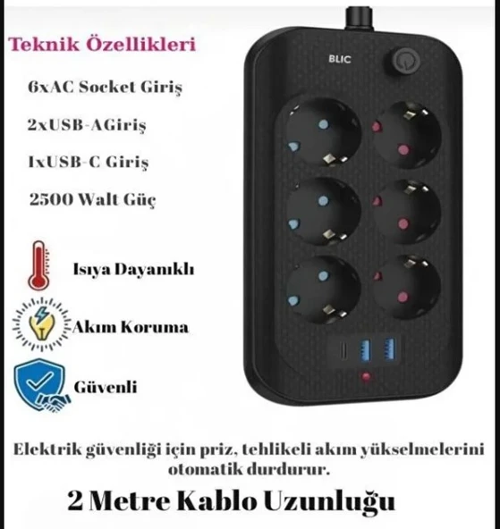 Blic Ftr-11 Termal Akım Korumalı 6 Priz 3 USB Girişli 2 Metre Uzatma Kablolu Priz - Resim 2