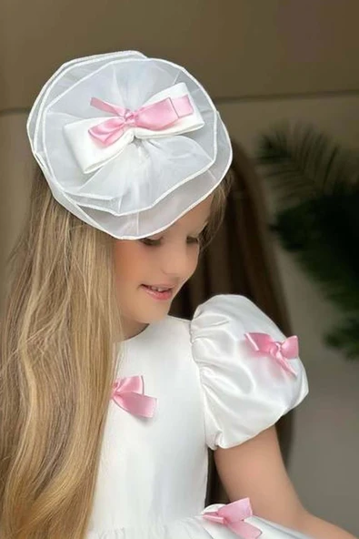 Kız Çocuk Balon Kollu Üzeri Pembe Kurdela Detaylı İçi Astarlı Saten Abiye - Resim 6