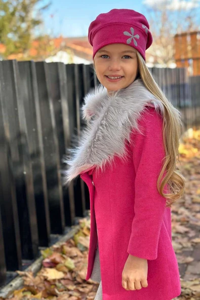 Kız Çocuk Yakası Kürk ve Yonca Detaylı Etekli Fuşya Kaşe - Resim 4