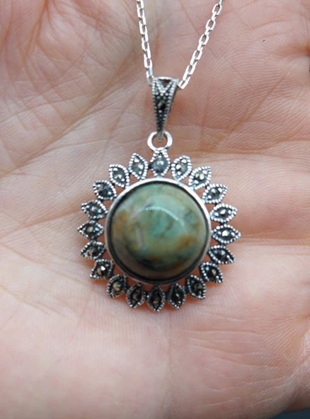 925 Ayar Gümüş Oltu Zümrütü Kadın Kolye skü000147 ürün görseli 1