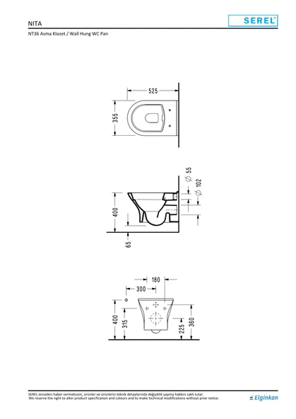 Serel Nita Yuvarlak Kanalsız Asma Klozet (NT36) + Blaze Slim Yavaş Kapanan Kapak 2'li Set - Resim 6